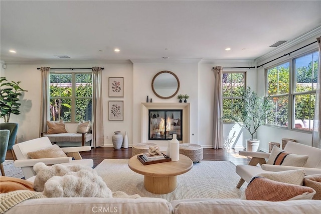 37 Fanpalm, Irvine, CA 92620 - living room with healthy amount of natural light, crown molding, dark wood-type flooring, and recessed lighting