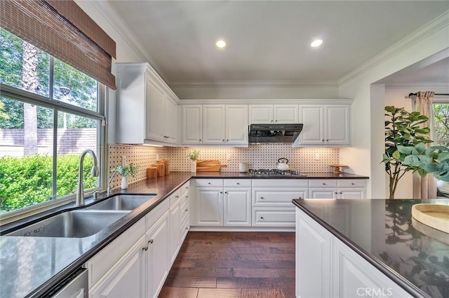 37 Fanpalm, Irvine, CA 92620 - kitchen featuring under cabinet range hood, dark countertops, stainless steel appliances, dark wood-style floors, and crown molding