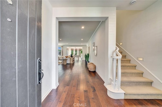 37 Fanpalm, Irvine, CA 92620 - foyer with dark wood-style floors, stairway, and recessed lighting