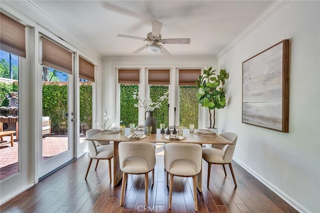 37 Fanpalm, Irvine, CA 92620 - dining room featuring dark wood-style flooring, ceiling fan, and ornamental molding