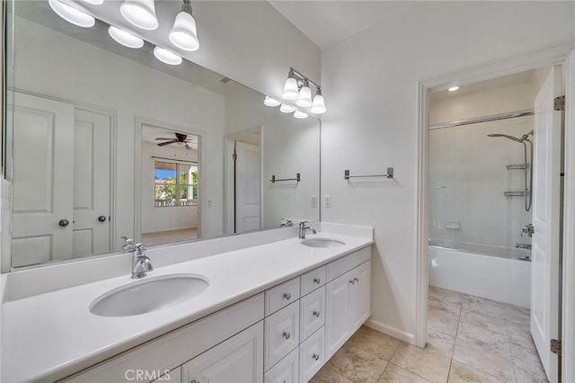 37 Fanpalm, Irvine, CA 92620 - bathroom featuring double vanity, shower / bathtub combination, a ceiling fan, and tile patterned flooring