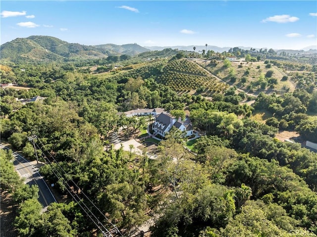 birds eye view of property with a view of trees and a mountain view