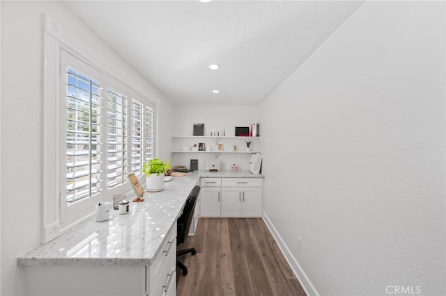 office area featuring baseboards, wood finished floors, and recessed lighting