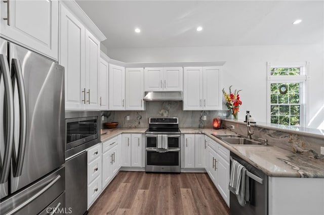 45325 Via Vaquero, Temecula, CA 92590 - kitchen with stainless steel appliances, a sink, under cabinet range hood, dark wood finished floors, and white cabinets