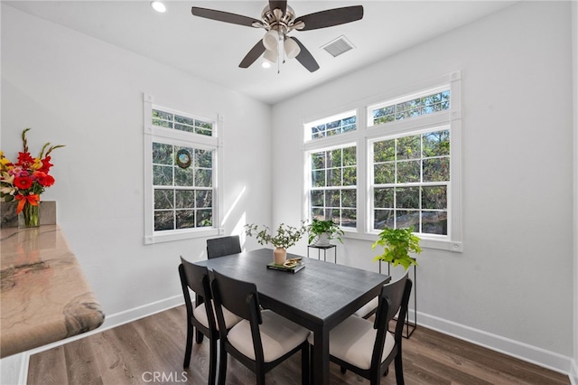 dining area with recessed lighting, dark wood finished floors, visible vents, a ceiling fan, and baseboards