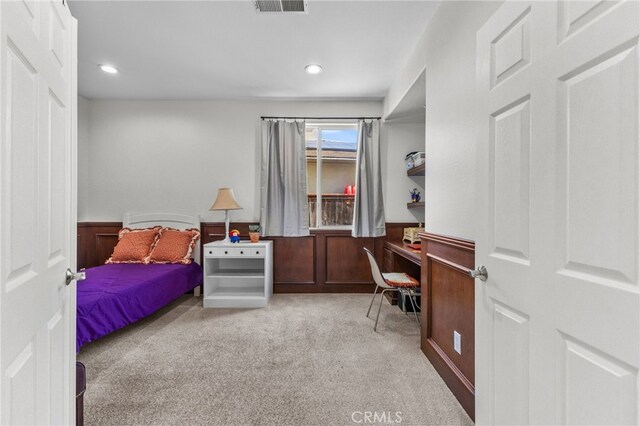 27669 Bluff Vista Way, Menifee, CA 92584 - carpeted bedroom featuring a wainscoted wall, recessed lighting, built in study area, and visible vents