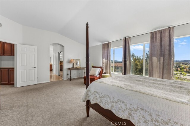 27669 Bluff Vista Way, Menifee, CA 92584 - bedroom with light carpet, connected bathroom, arched walkways, and vaulted ceiling
