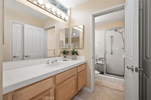 4591 Warner Ave Unit 101, Huntington Beach, CA 92649 - full bathroom with toilet, a stall shower, vanity, and tile patterned floors