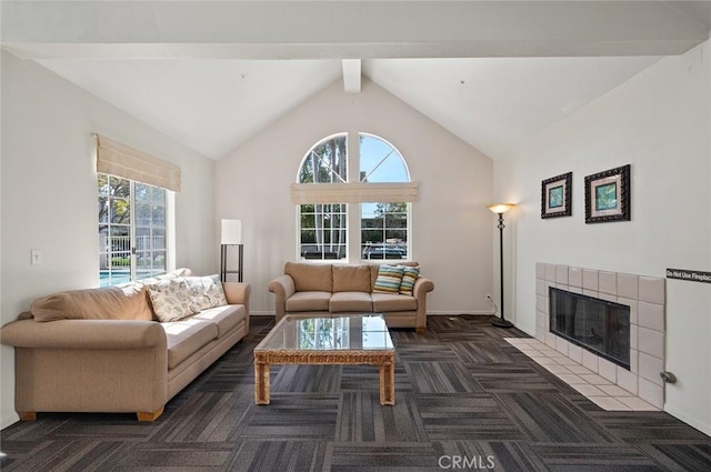 4591 Warner Ave Unit 101, Huntington Beach, CA 92649 - carpeted living room with healthy amount of natural light, a fireplace, beamed ceiling, baseboards, and high vaulted ceiling
