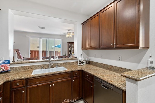 27571 Darrington Ave Unit 2, Murrieta, CA 92562 - kitchen featuring dishwasher, a ceiling fan, and light stone countertops