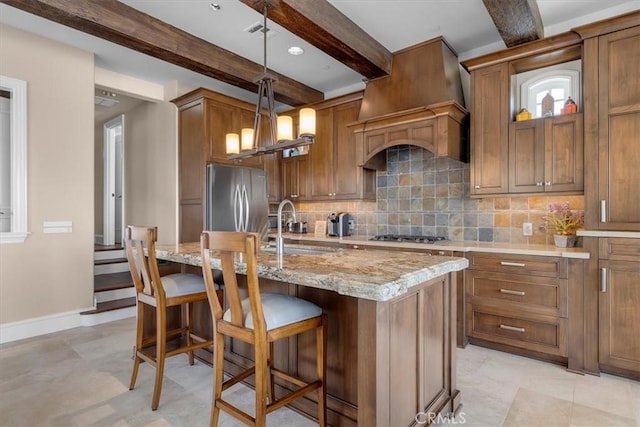 133 Upper Terrace Rd, Avalon, CA 90704 - kitchen featuring backsplash, premium range hood, beamed ceiling, appliances with stainless steel finishes, and a sink