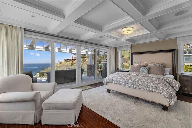 133 Upper Terrace Rd, Avalon, CA 90704 - bedroom with wood finished floors, coffered ceiling, beam ceiling, ornamental molding, and access to outside
