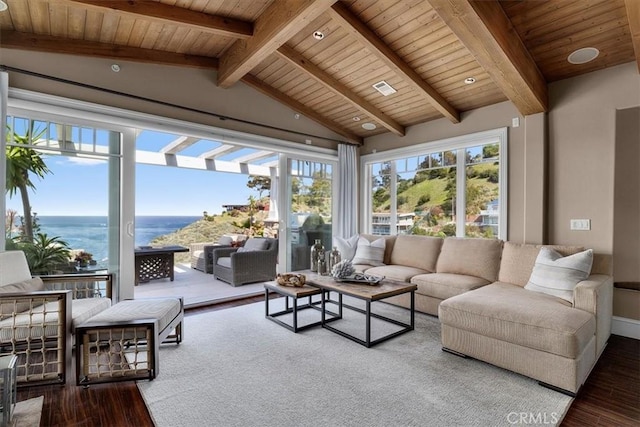133 Upper Terrace Rd, Avalon, CA 90704 - living room with lofted ceiling with beams, visible vents, wood finished floors, and wooden ceiling