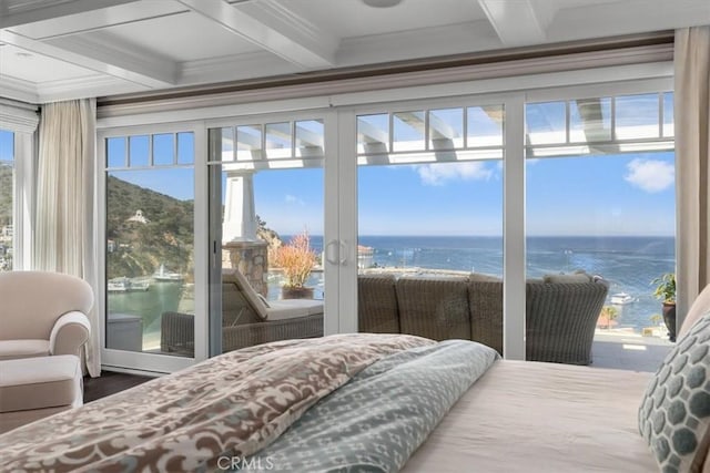 133 Upper Terrace Rd, Avalon, CA 90704 - bedroom featuring access to exterior, coffered ceiling, crown molding, and a water view