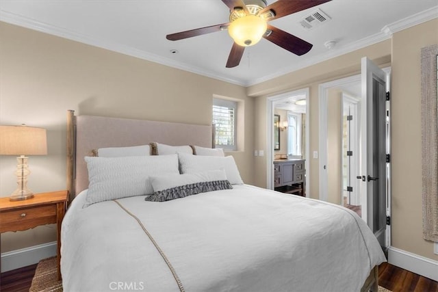 133 Upper Terrace Rd, Avalon, CA 90704 - bedroom with baseboards, visible vents, dark wood finished floors, ensuite bathroom, and crown molding