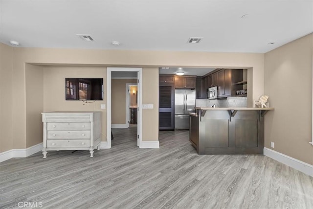 133 Upper Terrace Rd, Avalon, CA 90704 - kitchen featuring visible vents, a kitchen breakfast bar, appliances with stainless steel finishes, a peninsula, and light wood finished floors