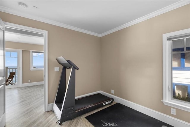 133 Upper Terrace Rd, Avalon, CA 90704 - workout area featuring baseboards, wood finished floors, and crown molding