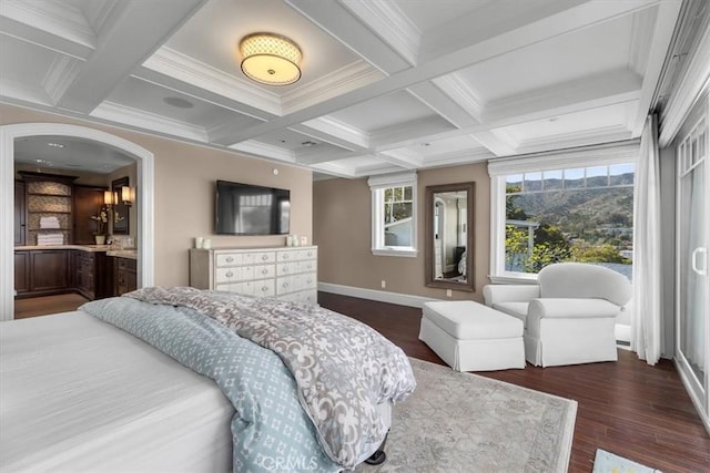 133 Upper Terrace Rd, Avalon, CA 90704 - bedroom featuring beamed ceiling, ornamental molding, coffered ceiling, dark wood finished floors, and baseboards