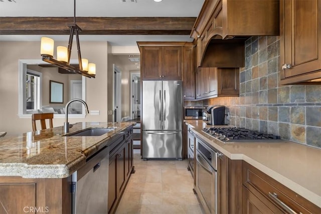 133 Upper Terrace Rd, Avalon, CA 90704 - kitchen with an island with sink, a sink, appliances with stainless steel finishes, pendant lighting, and backsplash