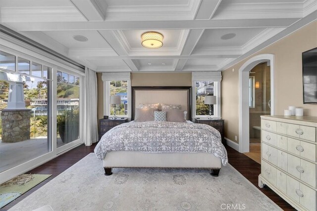 133 Upper Terrace Rd, Avalon, CA 90704 - bedroom featuring beam ceiling, access to outside, dark wood-style floors, and coffered ceiling
