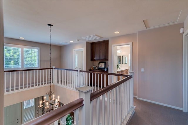 26718 Cactus Creek Way, Menifee, CA 92586 - hallway featuring an upstairs landing, baseboards, carpet floors, recessed lighting, and a chandelier