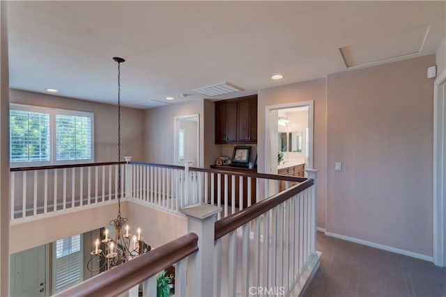 26718 Cactus Creek Way, Menifee, CA 92586 - corridor with an upstairs landing, baseboards, carpet floors, recessed lighting, and a chandelier