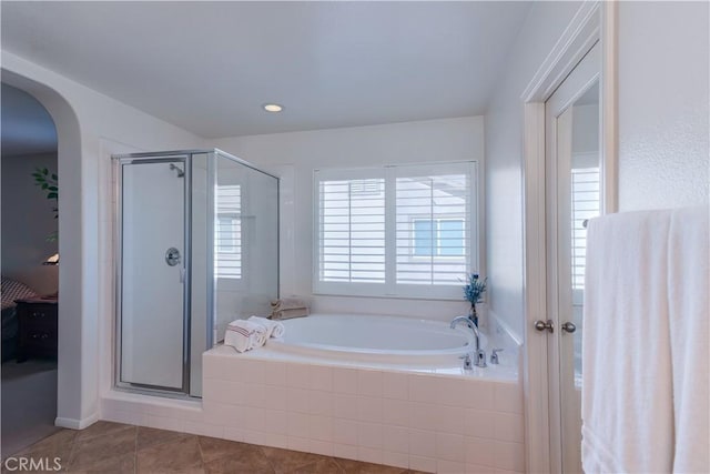 26718 Cactus Creek Way, Menifee, CA 92586 - bathroom featuring a garden tub, a shower stall, and tile patterned floors