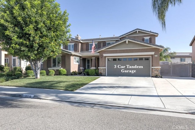 26718 Cactus Creek Way, Menifee, CA 92586 - craftsman house with stone siding, a garage, a gate, concrete driveway, and stucco siding