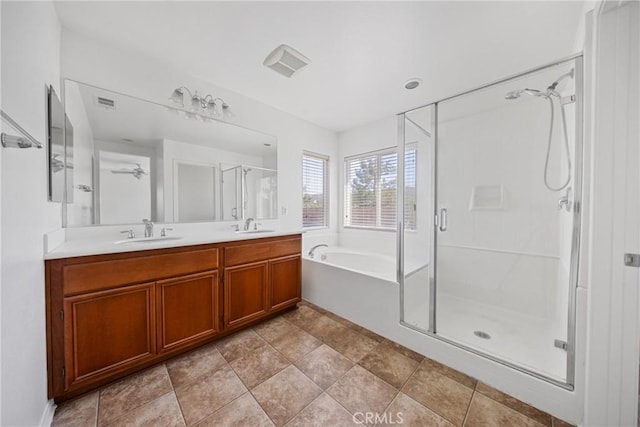 34135 Crenshaw St, Beaumont, CA 92223 - bathroom featuring a bath, a stall shower, and double vanity