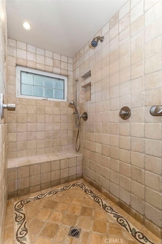 25908 Coleridge Pl, Stevenson Ranch, CA 91381 - bathroom with inlaid floor details, recessed lighting, tiled shower, and tile patterned flooring