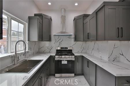 1226212266 Madras Pl, Garden Grove, CA 92840 - kitchen featuring stainless steel range with gas cooktop, a sink, gray cabinetry, plenty of natural light, and recessed lighting