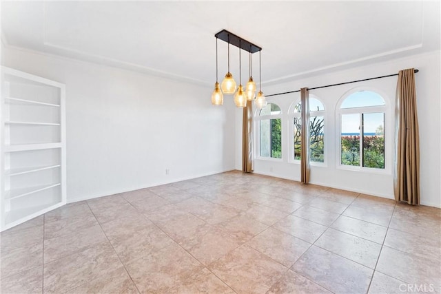 unfurnished room featuring built in features, baseboards, light tile patterned flooring, and a chandelier