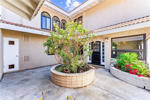 property entrance featuring a patio and stucco siding