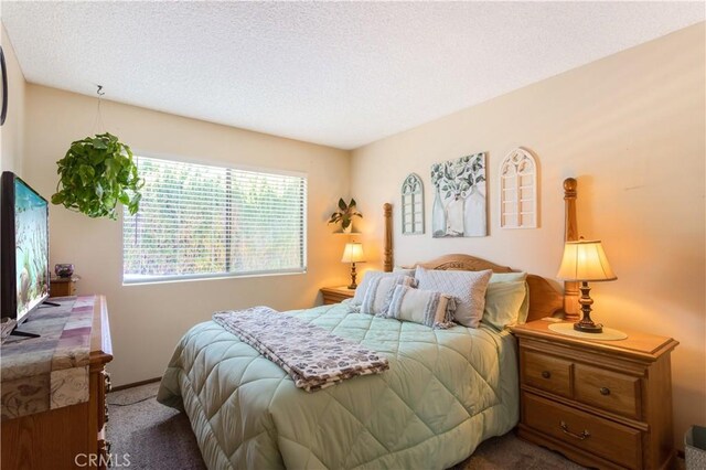 bedroom featuring carpet floors and a textured ceiling