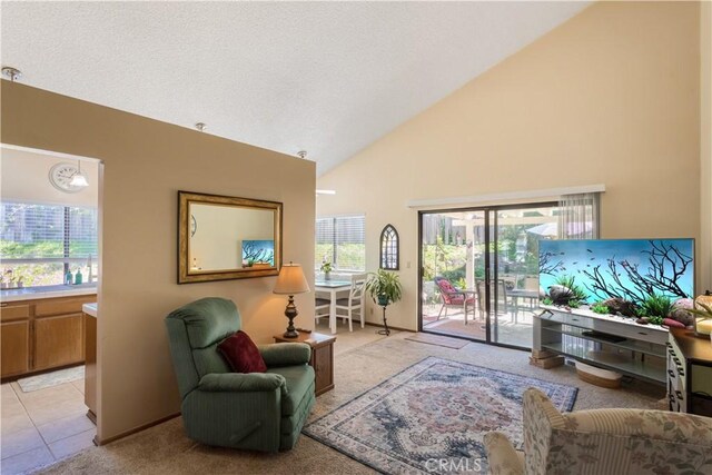 sitting room featuring high vaulted ceiling, plenty of natural light, and light carpet