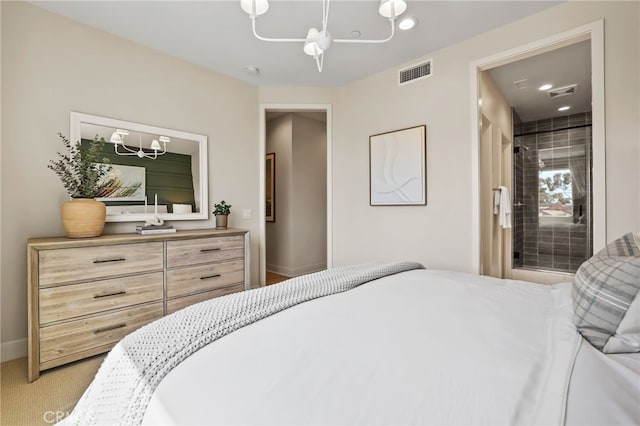 19011 Main St Unit 121, Huntington Beach, CA 92648 - bedroom featuring a notable chandelier, recessed lighting, ensuite bath, visible vents, and light colored carpet
