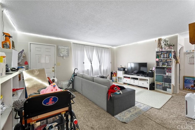 living room with a textured ceiling and carpet
