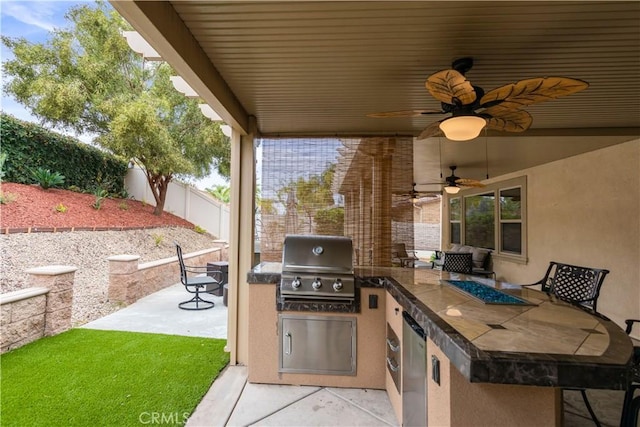 32529 Presidio Hills Ln, Winchester, CA 92596 - view of patio featuring area for grilling, an outdoor kitchen, a fenced backyard, and a ceiling fan