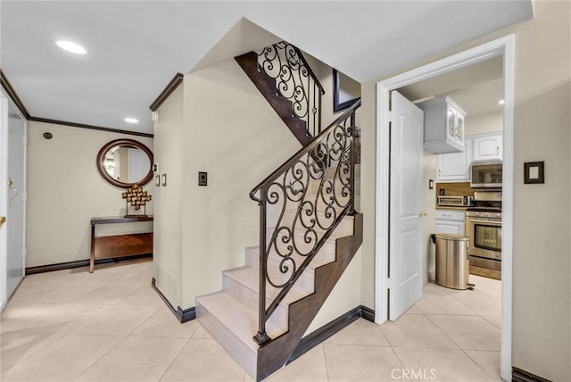 stairs featuring baseboards, recessed lighting, tile patterned floors, and a toaster