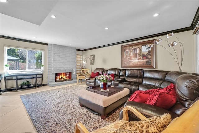living room featuring ornamental molding, tile patterned flooring, a fireplace, and recessed lighting