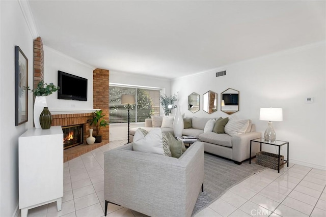 29211 Alfieri St, Laguna Niguel, CA 92677 - living room with light tile patterned floors, crown molding, a brick fireplace, and baseboards