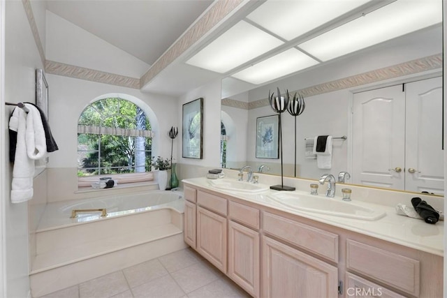 29211 Alfieri St, Laguna Niguel, CA 92677 - full bath with tile patterned floors, a garden tub, double vanity, and vaulted ceiling