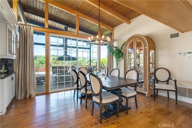 dining space featuring visible vents, hardwood / wood-style flooring, vaulted ceiling with beams, an inviting chandelier, and wood ceiling
