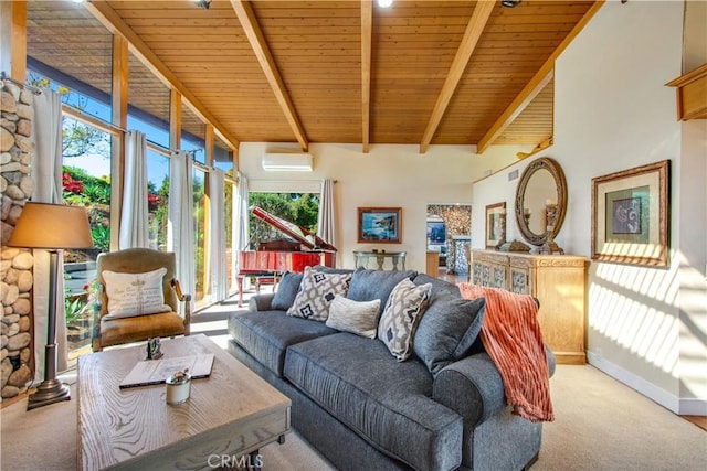 carpeted living area featuring baseboards, beamed ceiling, wooden ceiling, and a healthy amount of sunlight