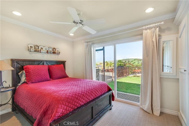 bedroom with baseboards, ornamental molding, recessed lighting, access to exterior, and carpet floors