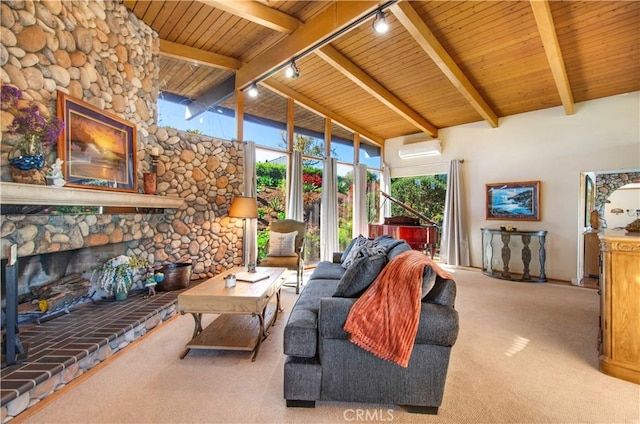 carpeted living area featuring a towering ceiling, an AC wall unit, wooden ceiling, and beam ceiling