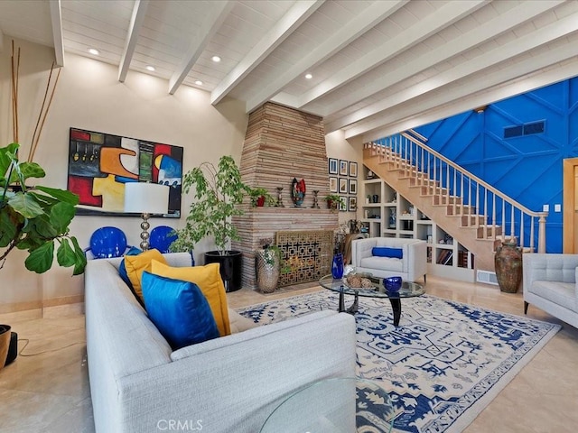 2080 Saint Louis Ave, Signal Hill, CA 90755 - living area with exterior fireplace, recessed lighting, stairway, visible vents, and beamed ceiling