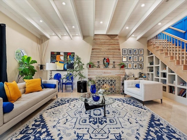 2080 Saint Louis Ave, Signal Hill, CA 90755 - tiled living room with beamed ceiling, recessed lighting, a fireplace, and stairs