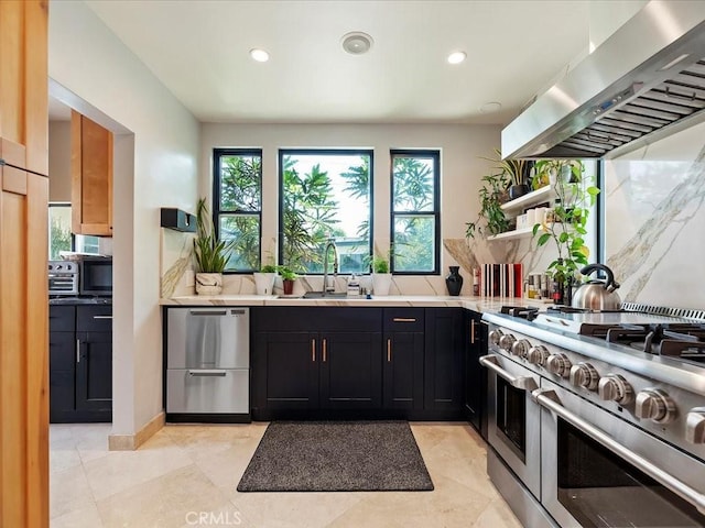 2080 Saint Louis Ave, Signal Hill, CA 90755 - kitchen featuring open shelves, a sink, wall chimney range hood, appliances with stainless steel finishes, and dark cabinetry