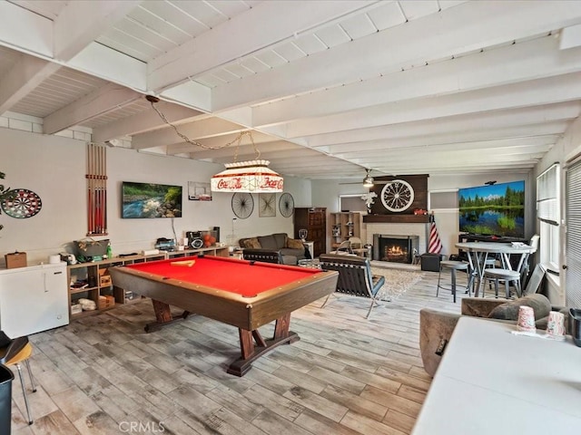2080 Saint Louis Ave, Signal Hill, CA 90755 - playroom featuring pool table, light wood-style flooring, a lit fireplace, and beamed ceiling